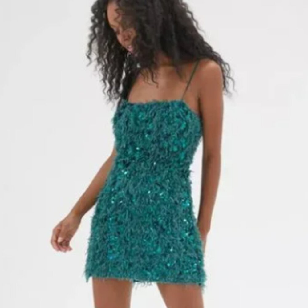 Urban Outfitters Teal Sequin Fringe Mini Dress